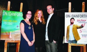 Publisher Stan Byrne (centre) stands between editors-in-chief Nicole Chaplin (left) and Jason Rhyno at the 2009 launch celebration of On the Danforth magazine, held at Myth Restaurant and Lounge on March 18.  